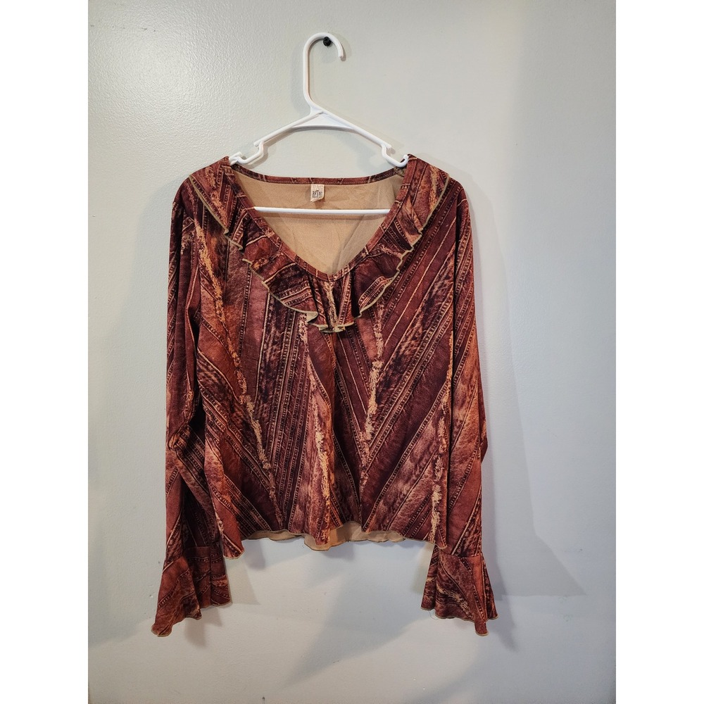 Rag Retro Blouse Women's Size XL Brown Denim Print Ruffle V-Neck Bell Sleeve top